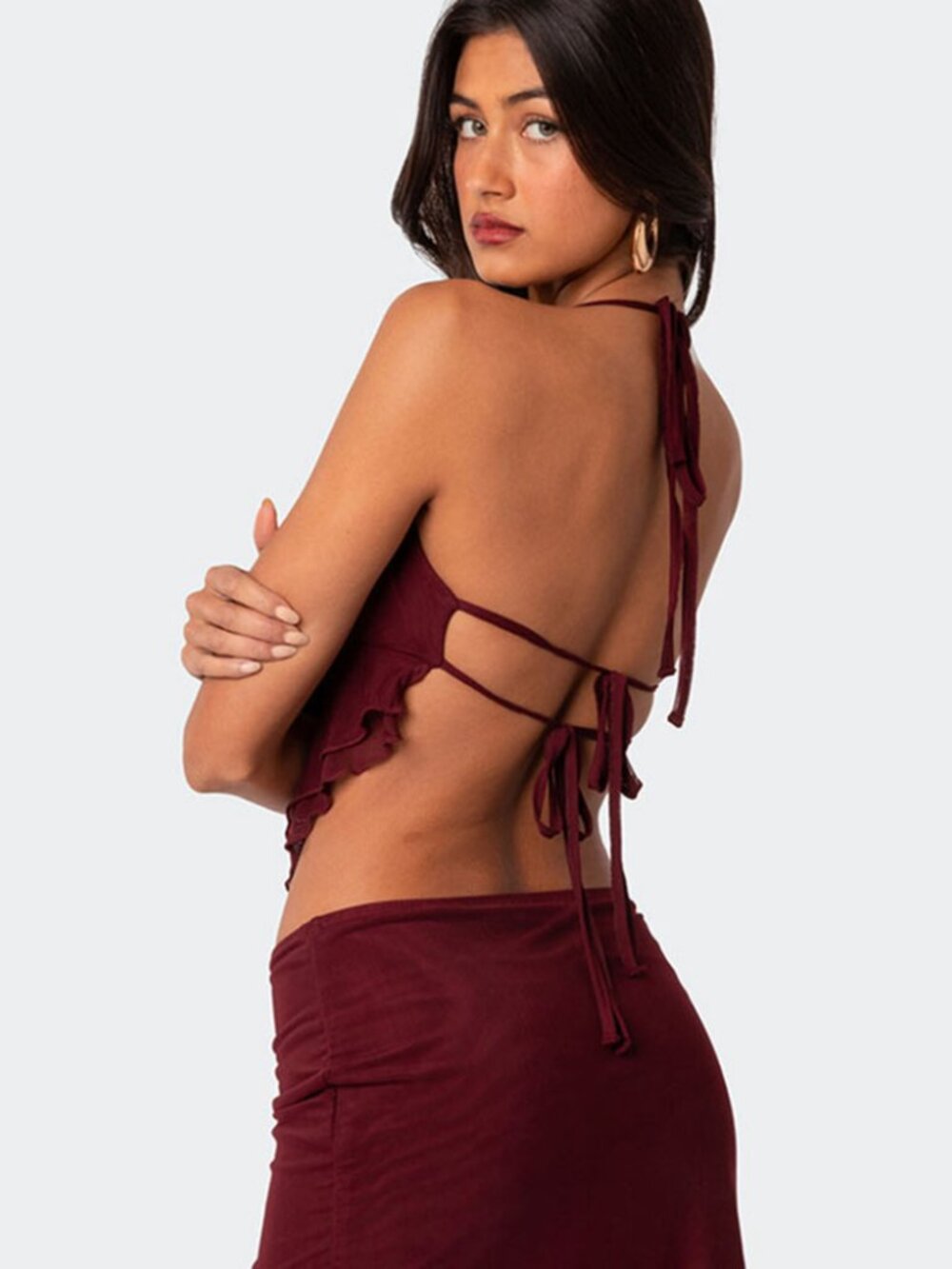 Edikted Ariyah Open Tie Back Ruffle Mesh Top - Picture 3 of 3